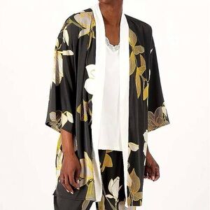 Breezies Black Yellow Floral Open Front Relaxed Fit House Robe Kimono Loungewear